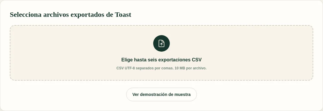 Selección en español de archivos CSV de Toast