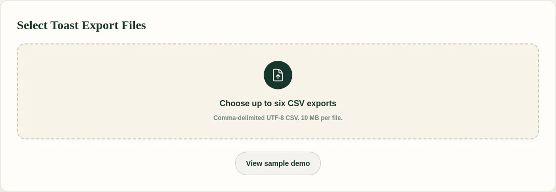 FoodSaver upload screen for supported Toast CSV exports