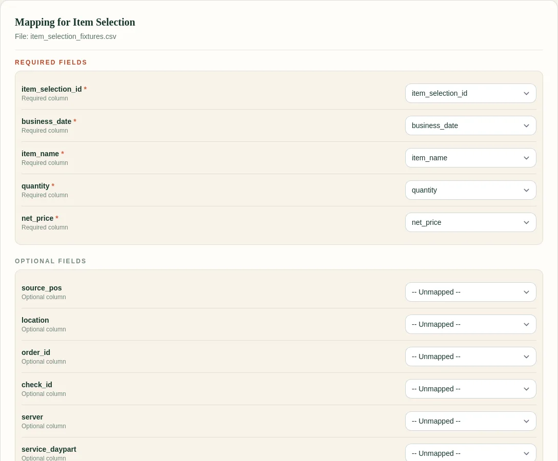 FoodSaver column mapping screen for a synthetic Toast export