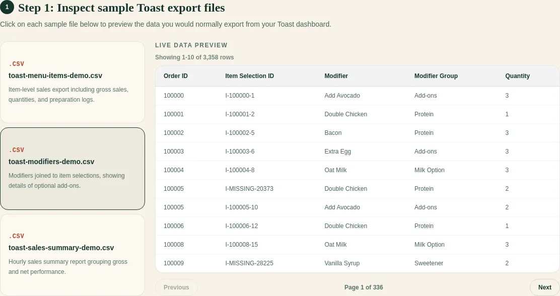 FoodSaver preview of synthetic Toast exports before workbook generation